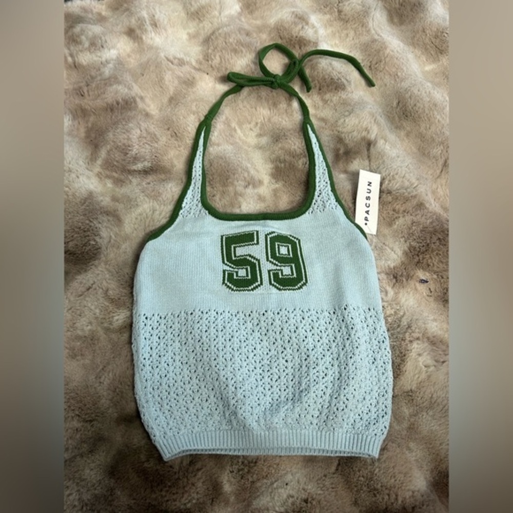PacSun Light Blue Knit Halter Tank with Green Trim and Number 59